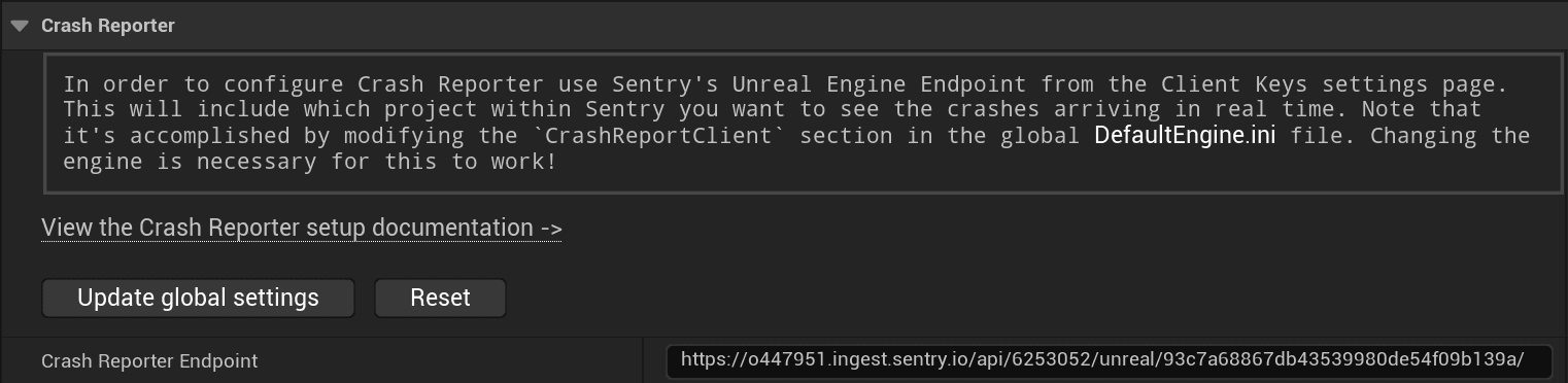 The UE Crash Reporter settings